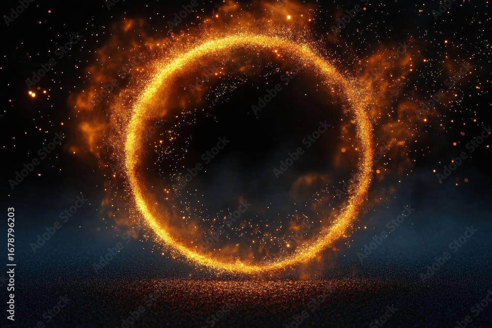 Sticker stunning fiery portal of light with abstract golden circle and sparkling dust effect in darkness