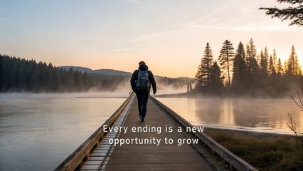 Inspirational quote on image of person walking towards sunrise.