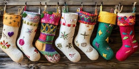 A collection of handcrafted, colorful wool Christmas stockings hangs on a rustic wooden wall. Each stocking is uniquely decorated with embroidery, beads, and various embellishments like felt hearts