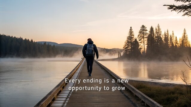 Inspirational quote on image of person walking towards sunrise.