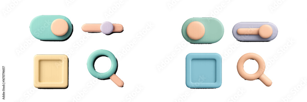 Poster modern ui toggle switch and search icon set with pastel colors. modern 3d icon set