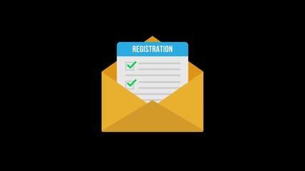Animation of an open envelope containing registration documents. Transparent background. 4K resolution.