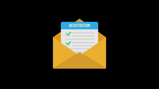 Animation of an open envelope containing registration documents. Transparent background. 4K resolution.