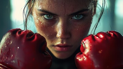 A determined female boxer stares intensely into the camera, her eyes narrowed and focused. Sweat glistens on her face and forehead, highlighting her rugged complexion. 
