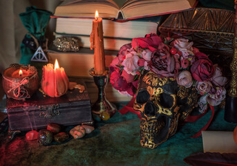 Decorative Skull Altar with Mexican Symbols. Halloween Altar