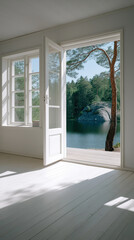 Obraz premium Bright interior home with large open window and door showcasing scenic outdoor view natural sunlight modern architecture and inviting residential design