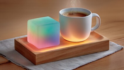 Colorful cube light next to coffee cup on wooden tray