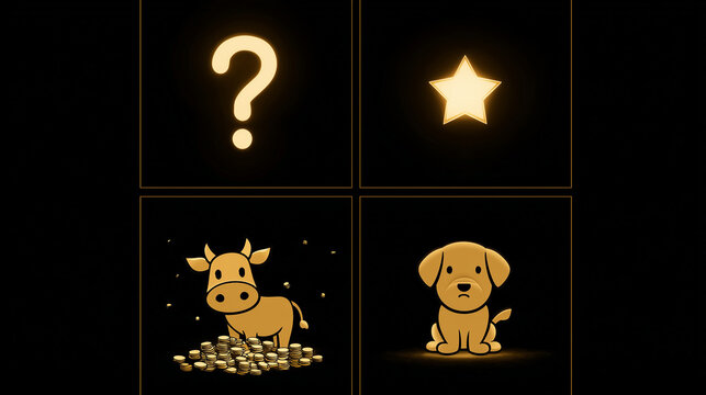 A clean, minimalist 2x2 grid representing the BCG Matrix with Star, Question Mark, Cash Cow, and Dog quadrants.