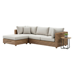 Comfortable sectional outdoor wicker sofa with plush cushions and side table isolated on transparent background