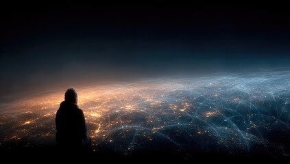 Silhouetted figure stands on a planet's surface, gazing at a network of city lights.  Vast expanse of space surrounds