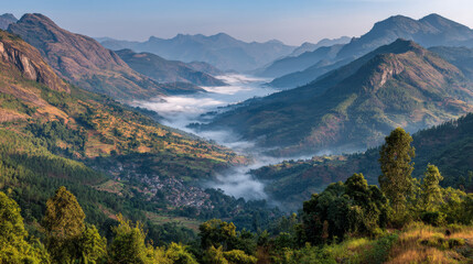 Fototapeta premium Serene morning landscape view of green mountain valley with cinematic fog. Tranquil nature scenery creating peaceful and silent atmosphere, an epic vista for travel and adventure