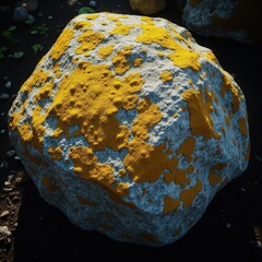 Top-down photo of lichen-covered boulder with bright yellow and white patches, textural contrast in shadowed light.