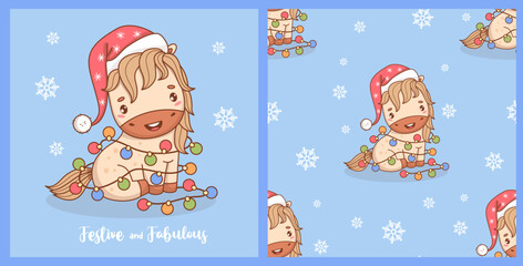 Happy Christmas Little Pony in Santa hat with Garland. Holiday Card and Seamless pattern. Horse Symbol of year 2026 to Eastern calendar. Funny New Year kawaii animal. Vector illustration. Not AI