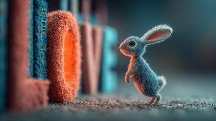 Fototapeta premium Cute small bunny standing next to large fuzzy letters spelling LOVE