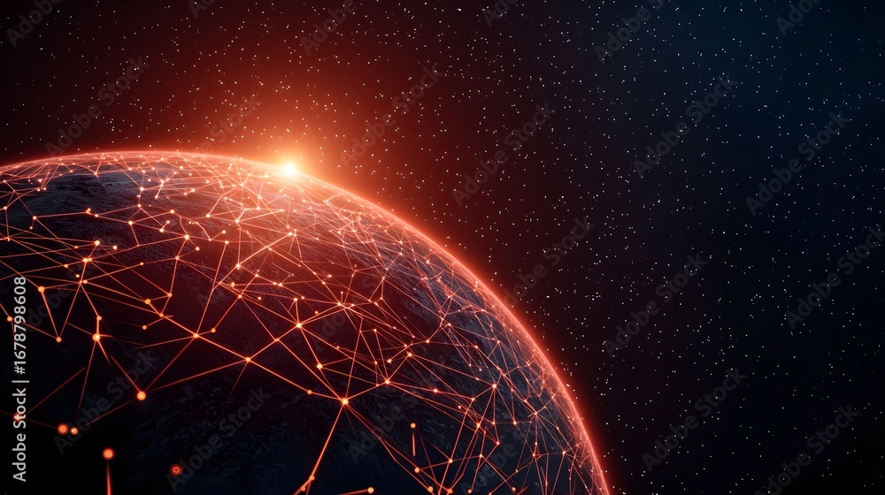Poster a glowing planet with red neural network lines extends into space under the brilliant glow of a star