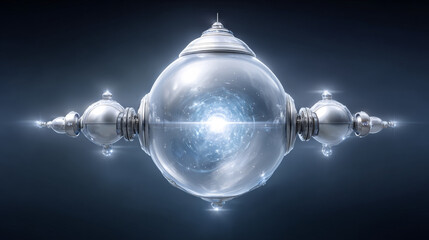 Mysterious futuristic metallic genie spaceship with glowing blue core. An advanced technology probe floating in dark space, powerful design for any science fiction concept