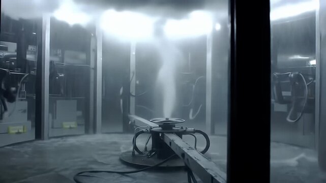 Indoor Storm Simulation Chamber with Silver Metallic Equipment Undergoing Intense Water Spray Testing for Durability and Reliability in a Controlled Scientific Environment For Engineering Research