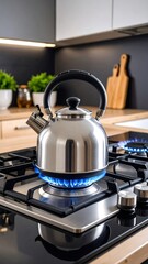 Modern kitchen with a kettle on a gas stove