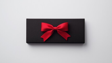 A black box with a vibrant red satin bow sits on a plain white surface. The box is rectangular and has a smooth, matte finish. The bow is centered on the box and is tied in a classic, elegant style. 