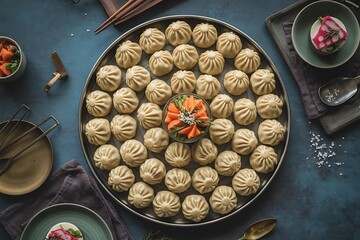 Beautifully arranged plate of savory dumplings with fresh carrot garnish, perfect for culinary...
