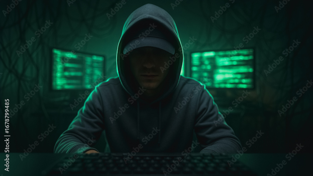 Poster mysterious figure in digital realm: a hooded figure shrouded in shadows sits before glowing computer