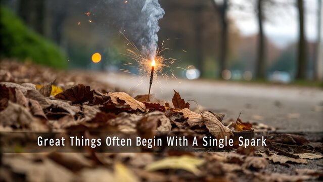 Inspirational Sparkler Ignites in Autumn Leaves on the Ground.