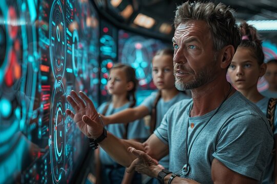 Teacher explaining digital security concepts on futuristic screen to students