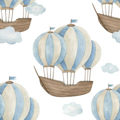 Watercolor baby seamless pattern with hot air balloon,  clouds and airship. Hand drawn cute  illustration on white background © natikka