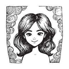 Beautiful Woman Doodle Black and White Illustration Fashion Girl Portrait Line Art Sketch Vector