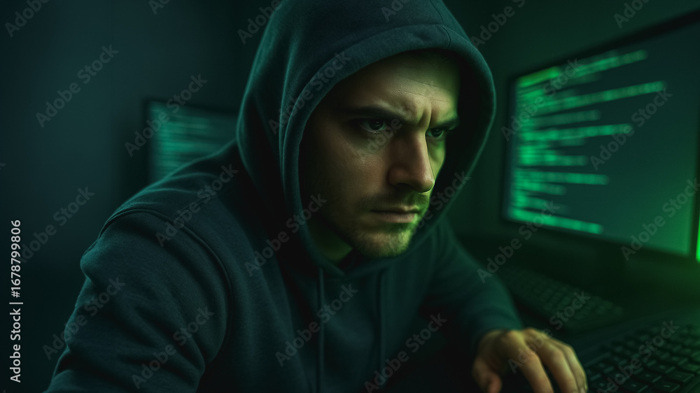 Poster cyber enigma: a focused figure hunches over a glowing computer screen, immersed in the digital shado