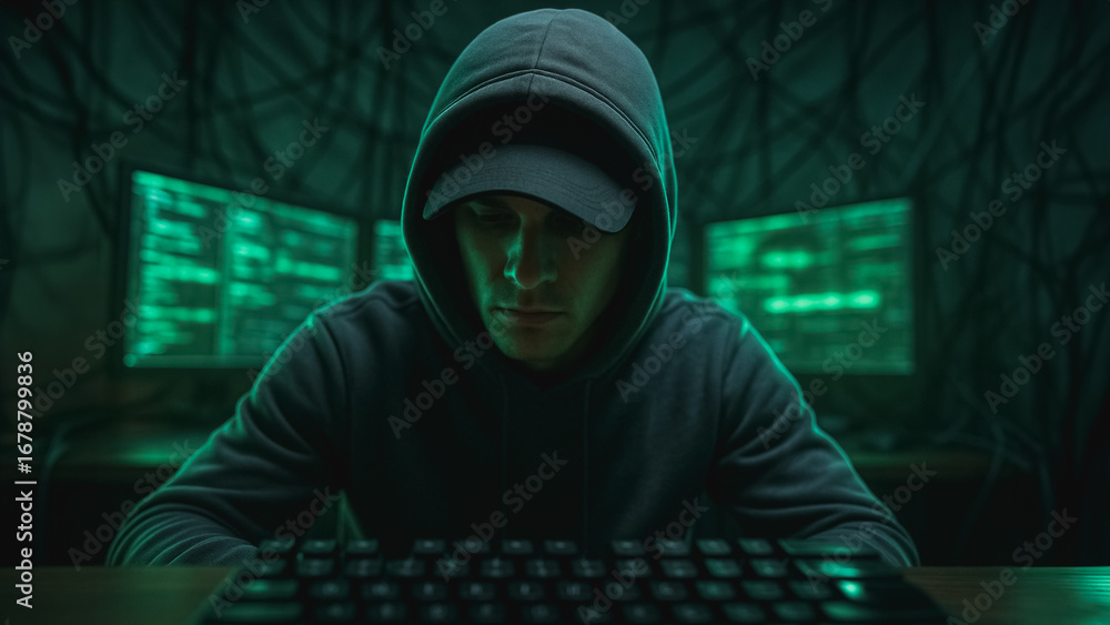 Aufkleber cybersecurity enigma: the hooded figure, eyes focused on a screen illuminated with lines of code. da