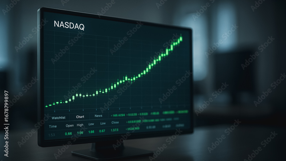 Poster stock market ascension: a close-up view of a computer screen displays a dynamic real-time nasdaq sto