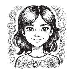 Beautiful Woman Doodle Black and White Illustration Fashion Girl Portrait Line Art Sketch Vector