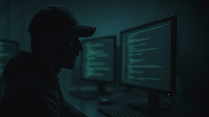 Cyber Shadow: A shadowy figure intently focuses on a computer screen, immersed in lines of code, hinting at the mysterious world of cybersecurity and digital complexity.