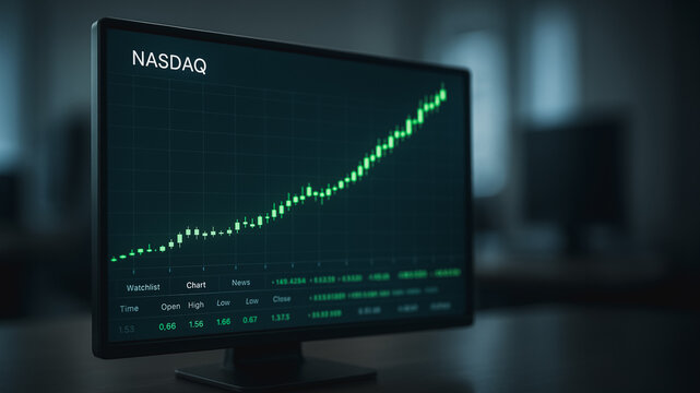 Stock Market Ascension: A close-up view of a computer screen displays a dynamic real-time Nasdaq stock chart, demonstrating consistent and impressive upward trends.