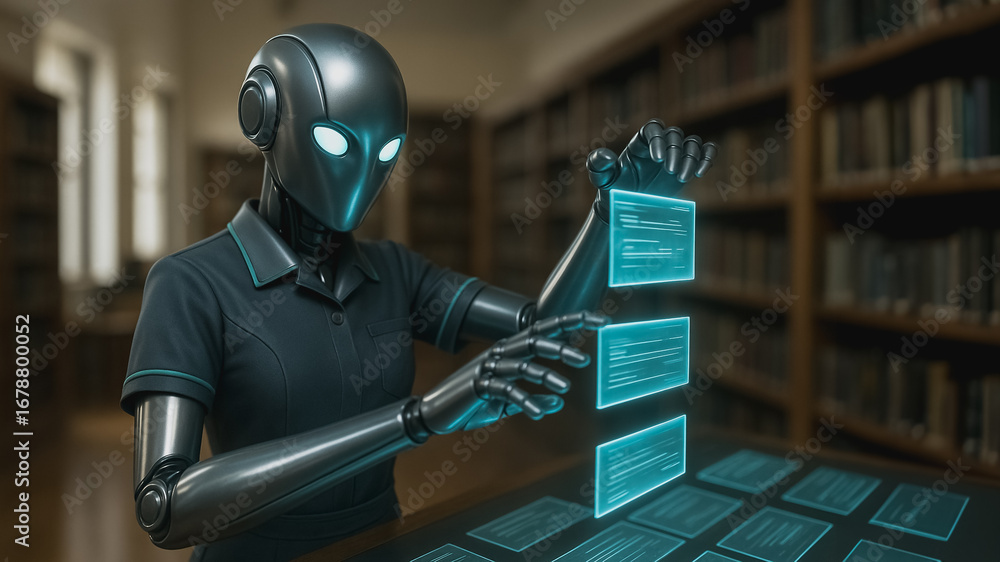 Poster digital scholar: a sleek, futuristic robot, with glowing eyes, interacts with holographic interfaces