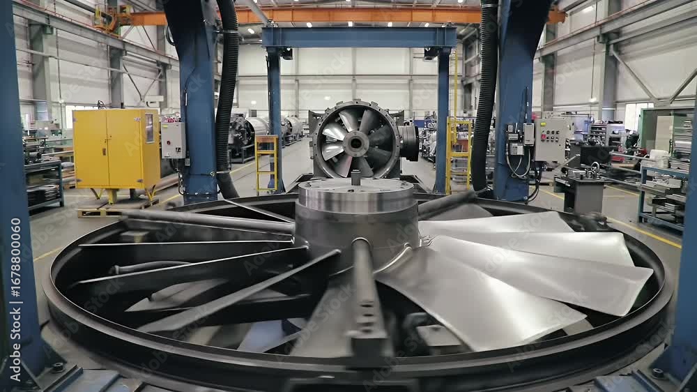 Poster industrial fan blade balancing process inside precision machinery engineering bay with high angle ro