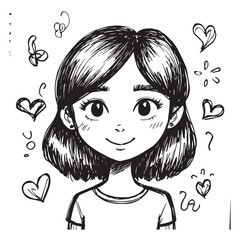 Beautiful Woman Doodle Black and White Illustration Fashion Girl Portrait Line Art Sketch Vector