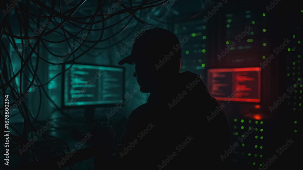 Aufkleber hacker in server room: a silhouetted figure intently focuses on a computer, surrounded by cables and