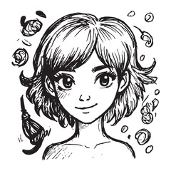 Beautiful Woman Doodle Black and White Illustration Fashion Girl Portrait Line Art Sketch Vector