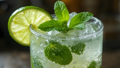 Fototapeta premium Refreshing mojito with ice, lime, and mint, condensation on glass.”