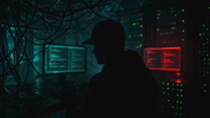 Hacker in Server Room: A silhouetted figure intently focuses on a computer, surrounded by cables and servers in a dimly lit server room, hinting at intrigue and digital activity.