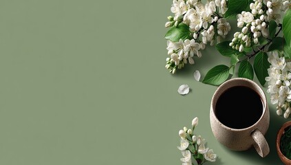 Muted green backdrop, coffee cup, and white flowers