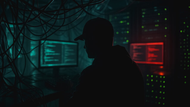 Hacker in Server Room: A silhouetted figure intently focuses on a computer, surrounded by cables and servers in a dimly lit server room, hinting at intrigue and digital activity.