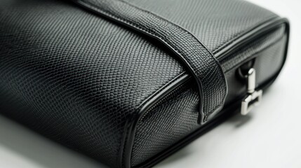 A close-up shot of a sleek, black leather travel case. The case features a textured, reptile-like pattern on the exterior. 