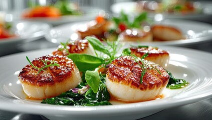 Sea scallops, golden-brown, on a white plate, with spinach and herbs