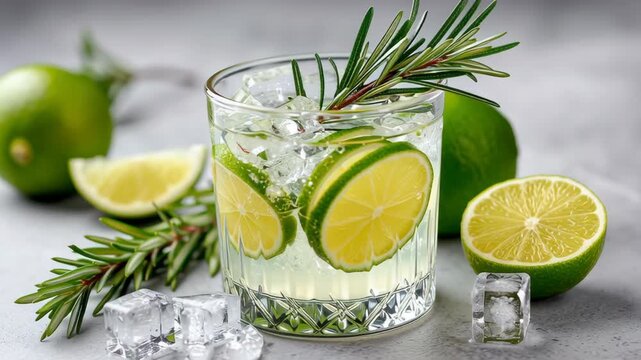 A refreshing gin and tonic cocktail served in a glass with ice, garnished with lime slices and a sprig of rosemary. Limes and ice cubes are scattered around.