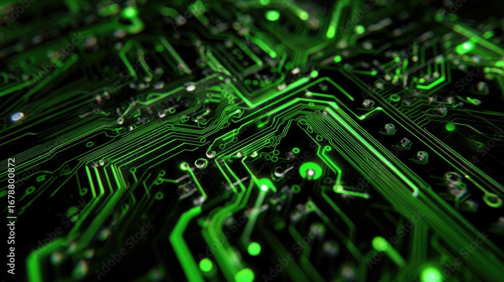 Poster an eye-level shot of a high-tech green circuit board with the digital connection. the intricate syst