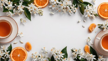 Fresh orange blossoms, citrus fruits, and tea cups frame a white background