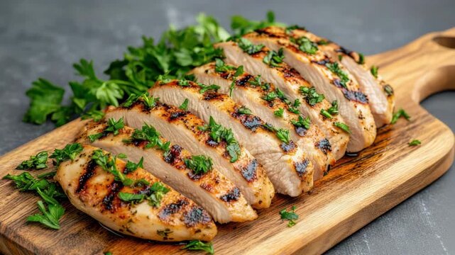 Grilled chicken breast slices with fresh herbs on wooden board for stunning food presentation